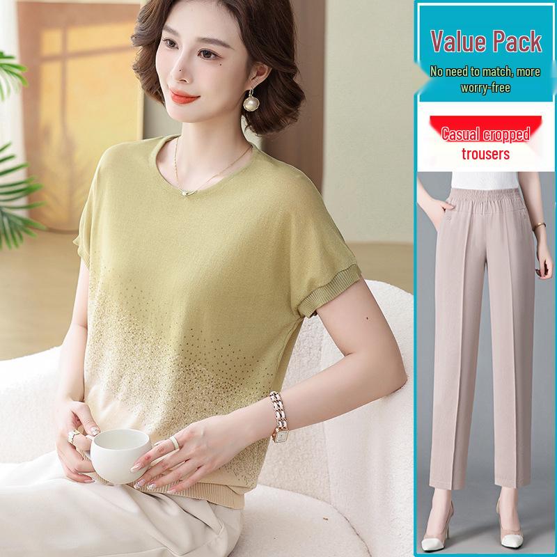 Mother's Day Ice Silk Short-Sleeve Blouse - 2026 New Style for Middle-Aged & Elderly Women