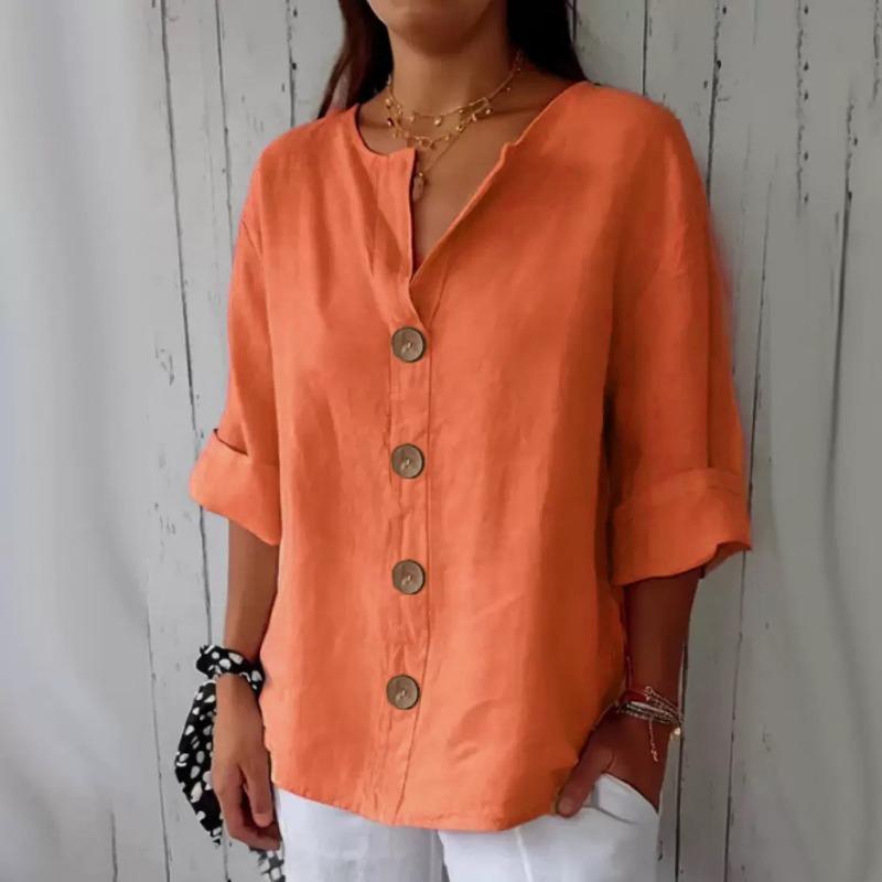 Fashion New Loose Casual Shirt Plus Size Summer and Autumn Women's V-neck Buttons T-shirt Elegant Solid Color Simple Top Woman Basic Sweet Blouse