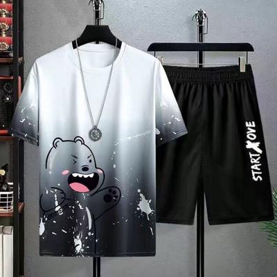 2Pcs/Set Men Casual Outfit O-neck Short Sleeve Bear Printing T-shirt Elastic Waist Wide Leg Shorts Set Quick Drying Loose Fit Sportswear
