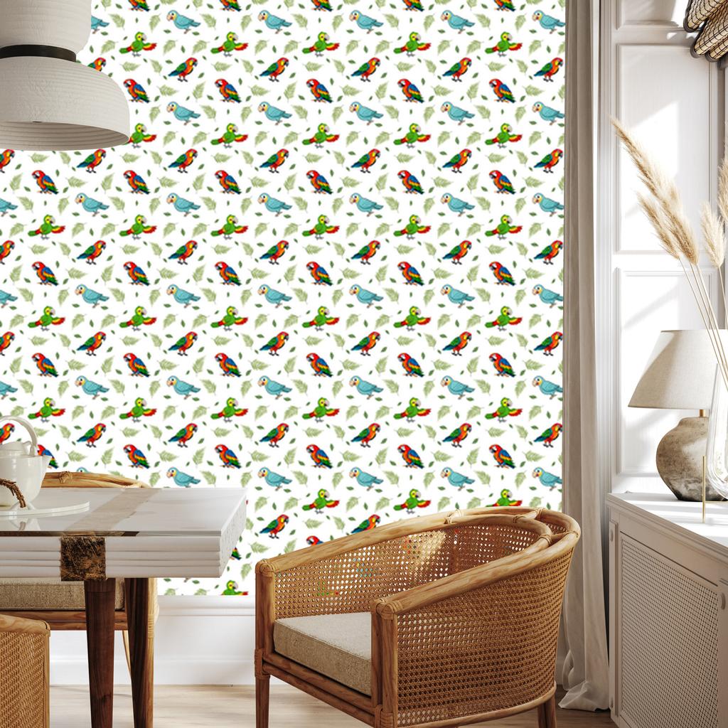 Parrot Wallpaper White, Lime and Light Gray for Living Room and Bedroom 50x1000
