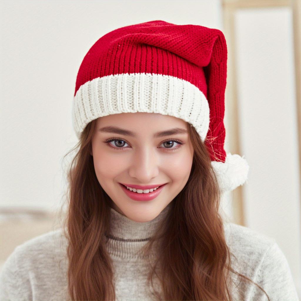 1/2pcs Knitted Christmas Hat, Holiday Winter Hat, Plush Ball Decoration Soft and Warm Christmas Hat, Holiday Party Accessories