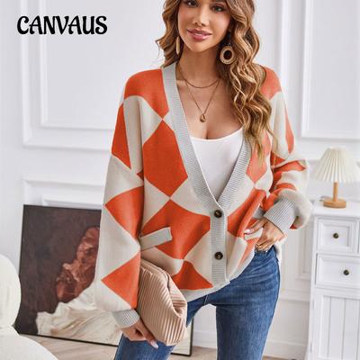 Cardigan tricoté à col en v pour femme, pull d'hiver, couleurs contrastées, épissure géométrique, veste ample décontractée