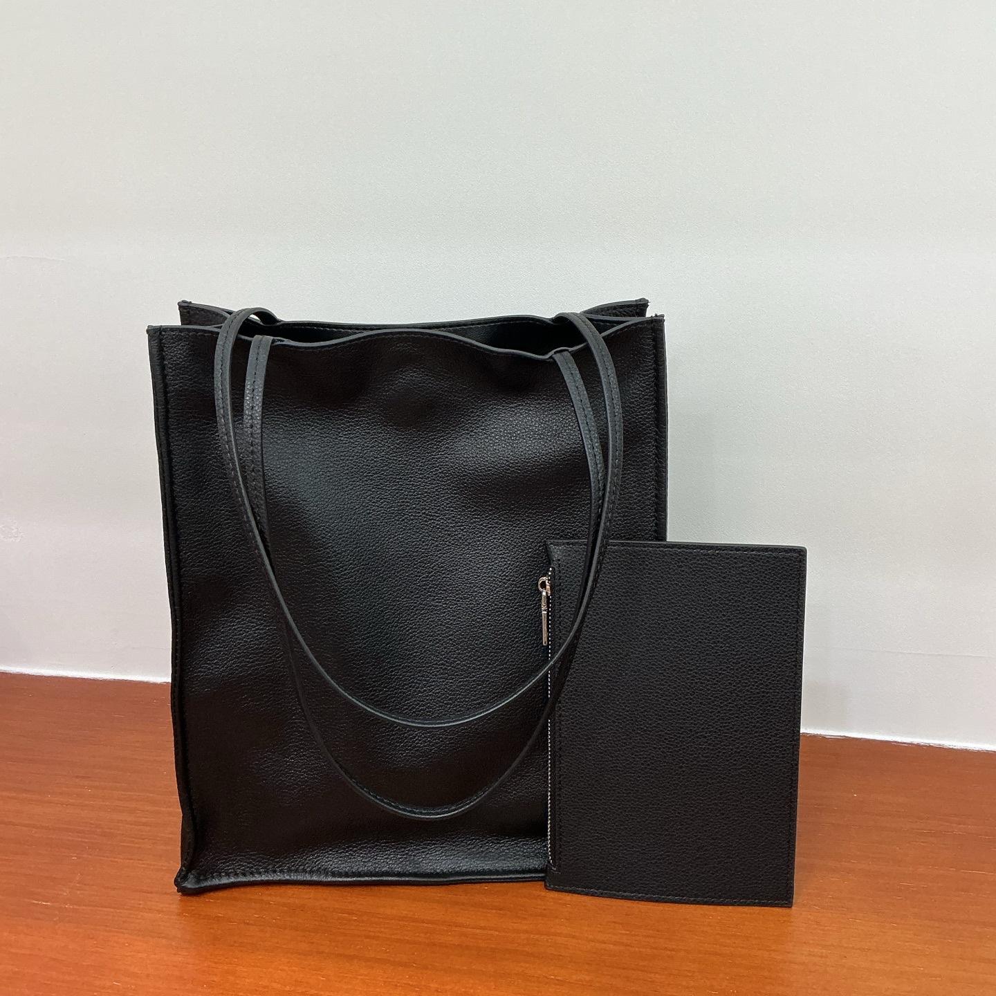 

25 Минималистичный стиль The*row Верхний слой коровьей кожи Маленькая толпа Однотонная кожаная сумка-тоут Большая вместимость Повседневная дорожная сумка Тренд 24x28x10cm Without Accessories чёрный