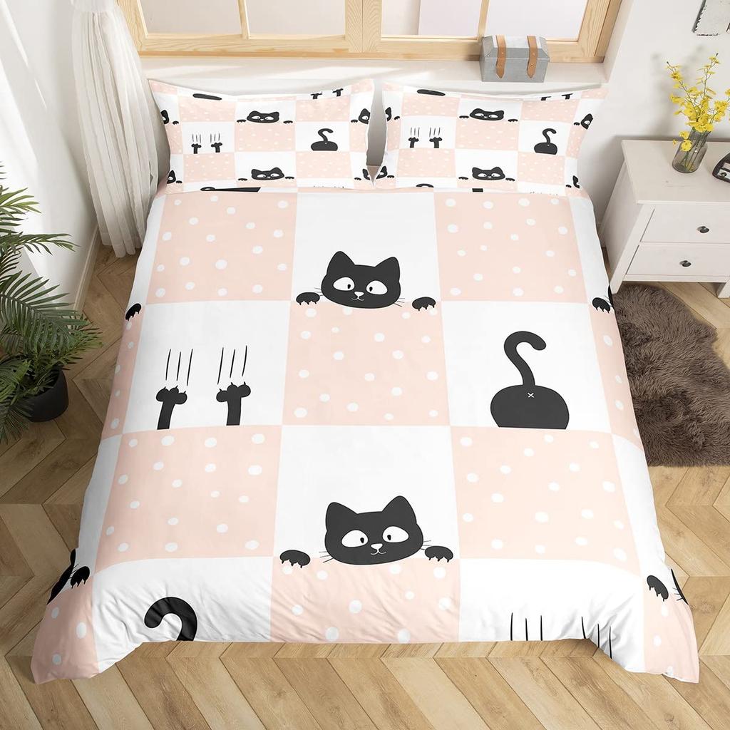 Roztomilý potisk kočičí tlapky Povlak na peřinu Kawaii kočky Sada povlečení Zábavný koťátko Ryba Potah na přikrývku Kreslené zvíře Polyesterový potah na přikrývku
