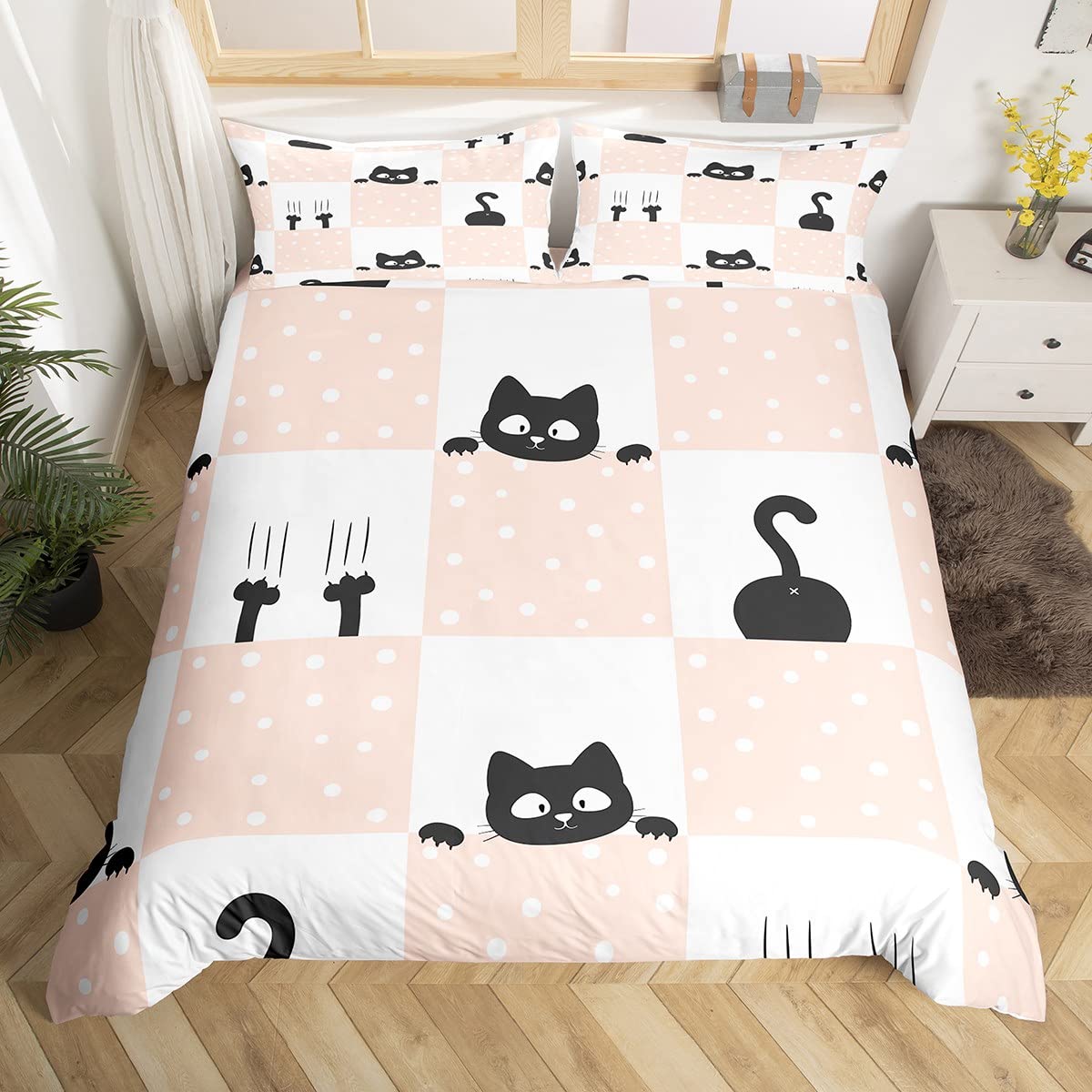 

Cute Cat Paw Print Duvet Cover Kawaii Cats Bedding Set Funny Kitten Fish Comforter Cover Cartoon Animal Polyester Quilt Cover EU Single(135x200cm)