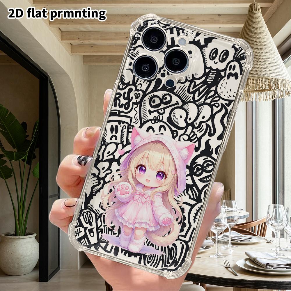 Phone Case: 2D Flat Suitable for iPhone 18 17 16 15 14 13 Pro, Transparent Four Corner Protective Case, Cat Ear Girl, Christmas and Halloween Gift