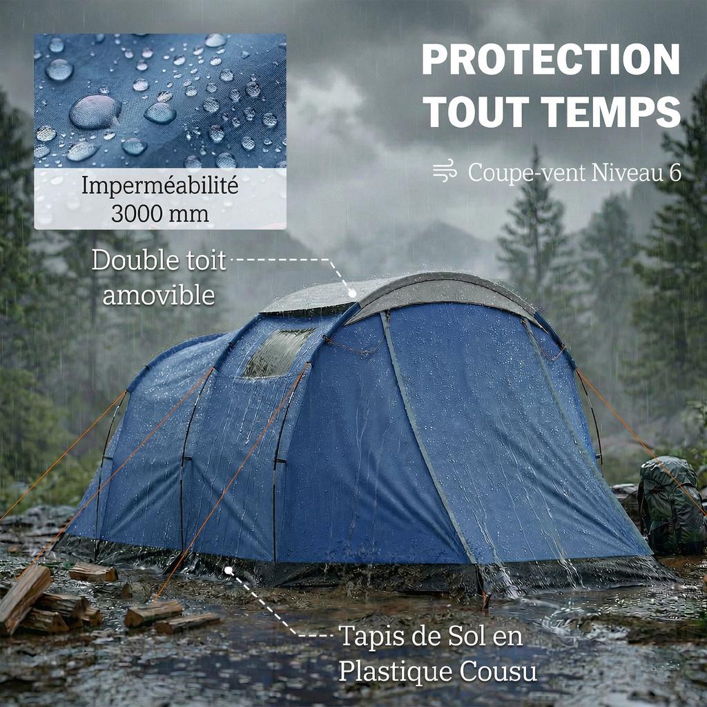 Tunnel Camping Tent, 4-Person, 3000 Mm, Double Layer, 190 Cm Height, Dark Blue