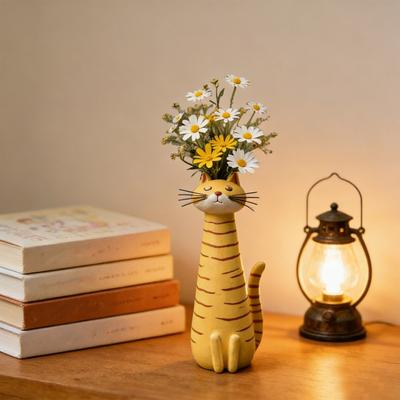 Handgefertigte Schrullige Katzenvase Verspielte Harz-Katzenförmige Blumenvase für Blumen Pampasgras Lustiges Kätzchen-Ornament für Heim-Büro-Regal Dekoration Geschenke