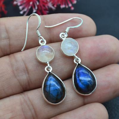 925 Sterling Silver, Dangle Earring, Moonstone Labradorite Earring, Dangle Earring, Handmade Jewelry, Birthstone Gift