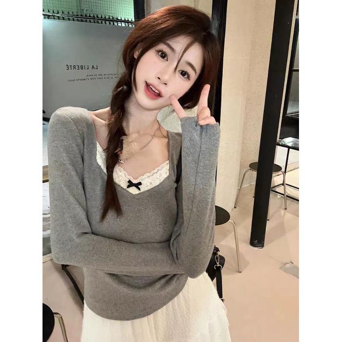 Autumn and Winter German Velvet Slim-fitting Long-sleeved Bottoming Shirt Women's Lace Splicing V-neck T-shirt Pure Desire To Look Thin Bow Top