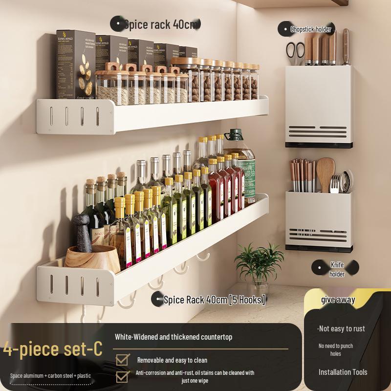 White Wall-Mounted Kitchen Rack: No-Drill Seasoning, Knife, and Chopsticks Organizer