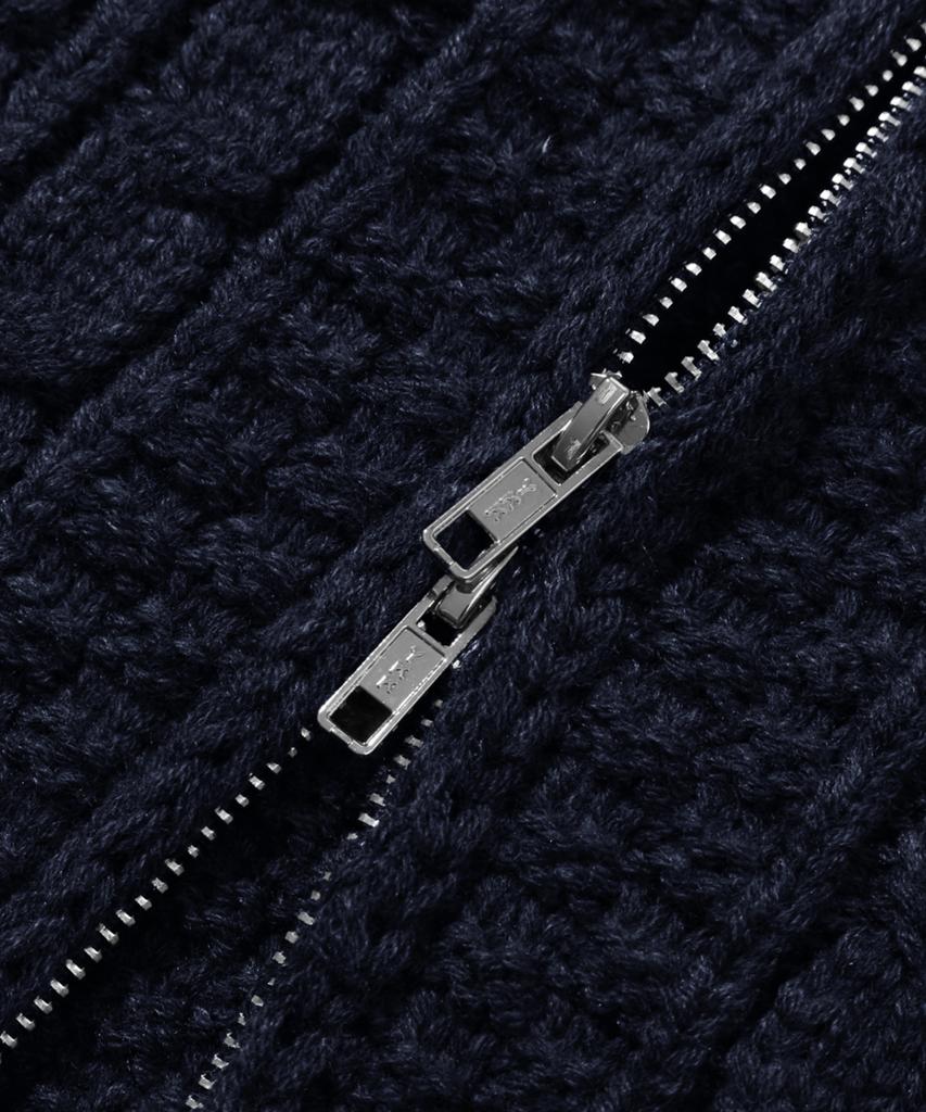 TRILLION Washable Aran Cable Hooded Zip-Up Knit (Current Navy)