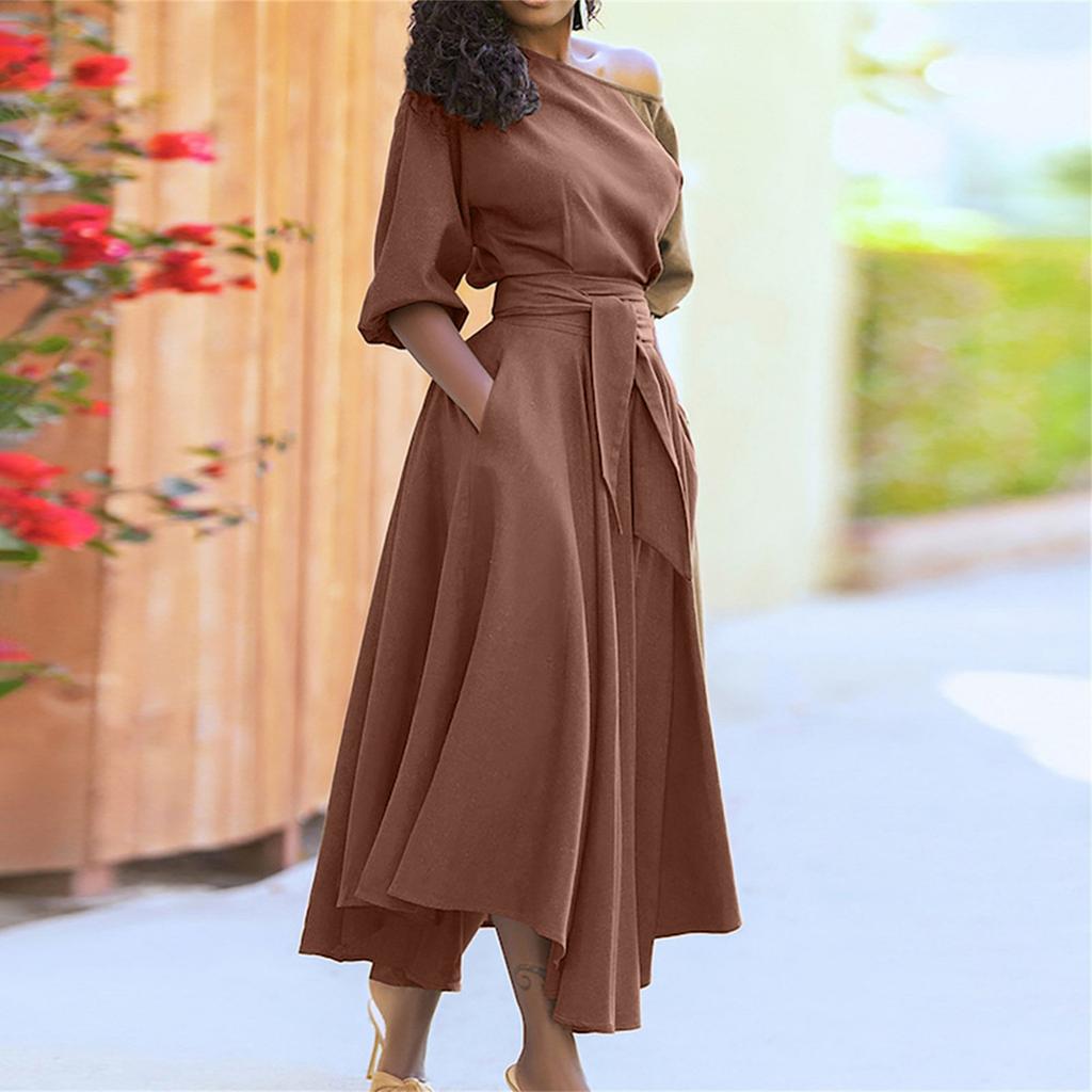 Bandage Dress For Women Waist Dress Shoulder Collar Straps Temperament Solid Women'S Fashion Casual Loose Half Sleeve V Neck Ankle-Leng Dress