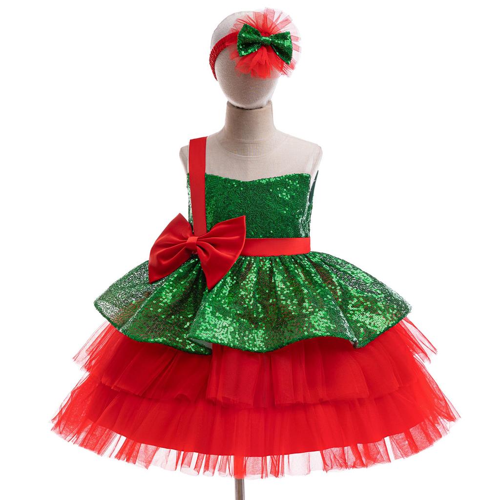 Red & Green Sequin Christmas Dress: Santa Claus Snowflake Costume, Girls' Mesh Princess Dress