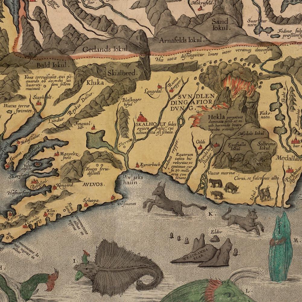 Vintage 1585 Iceland Map Poster, Art Print with Sea Monsters, Retro Nordic Home Decor Wall Hanging for Living Room & Office