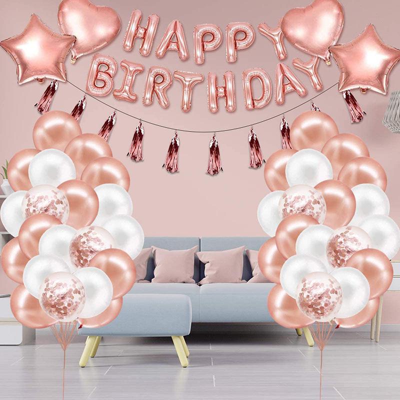 Rose Gold Birthday Party Sequin Tassel Backdrop and Balloon Set