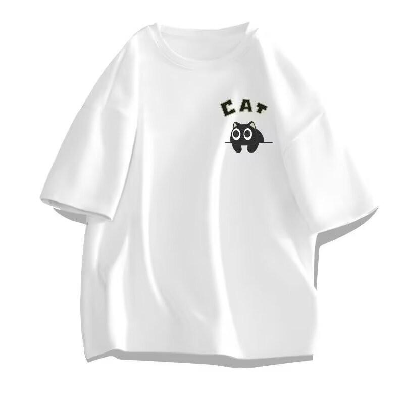 Unisexs Casual Oversized Tshirts Cute Black Cat Print Short Sleeve Tees Summer Loose Streetwear Basic Tops