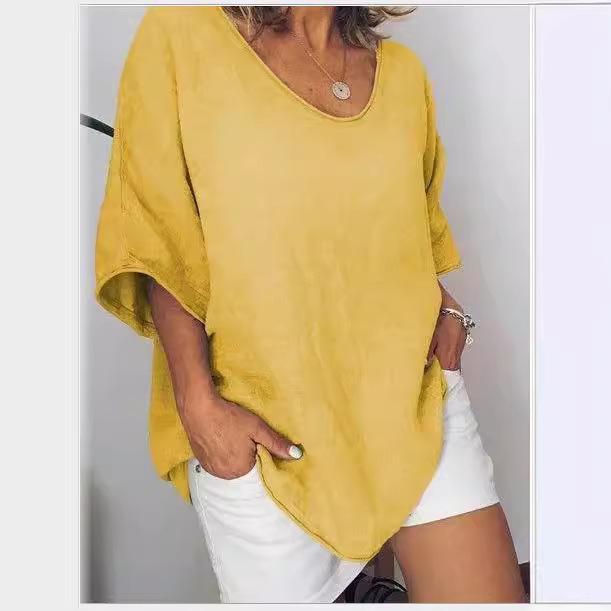 Summer Casual Cotton Linen T-Shirt: Solid Color, Loose Fit, Short Sleeve