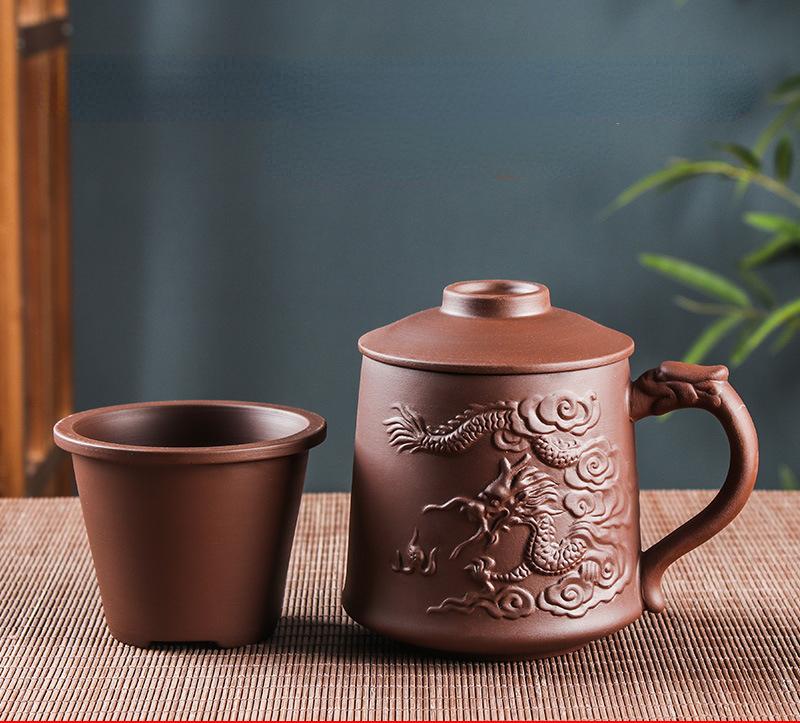 Retro Yixing Dragon Phenix Purple Clay Tea Mug with Lid and Infuser Handmade Ceramic Teacup Office Water Cup Gift Home Drinkware