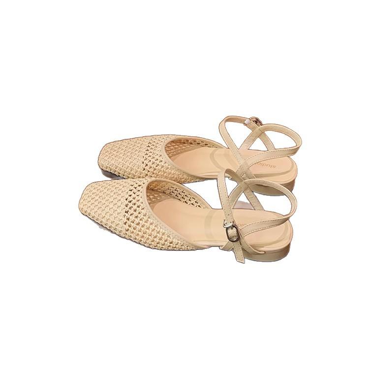 Sheepskin~ Grape mother French hollow woven sandals women's summer wear light mouth thick heel bag head empty Roman shoes