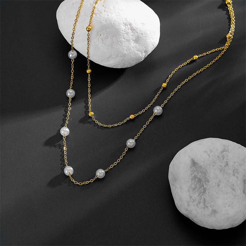 Koreanischer Stil Titan Herz Halskette - Doppellagige Perlen Schlüsselbein Kette, 3D Glatte Oberfläche, Farbbeständig, Einfaches & Elegantes Design