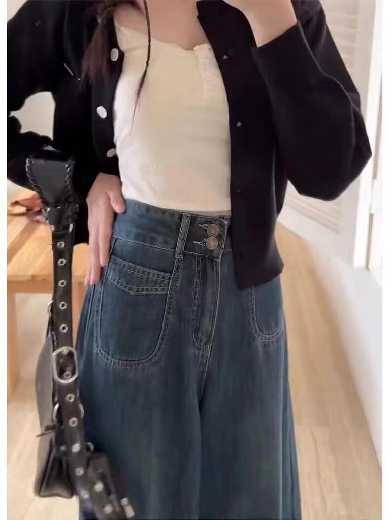 Women's Dark Blue High Waist Wide-Leg Jeans - Autumn Loose Fit, Floor-Length, Versatile and Slimming Design