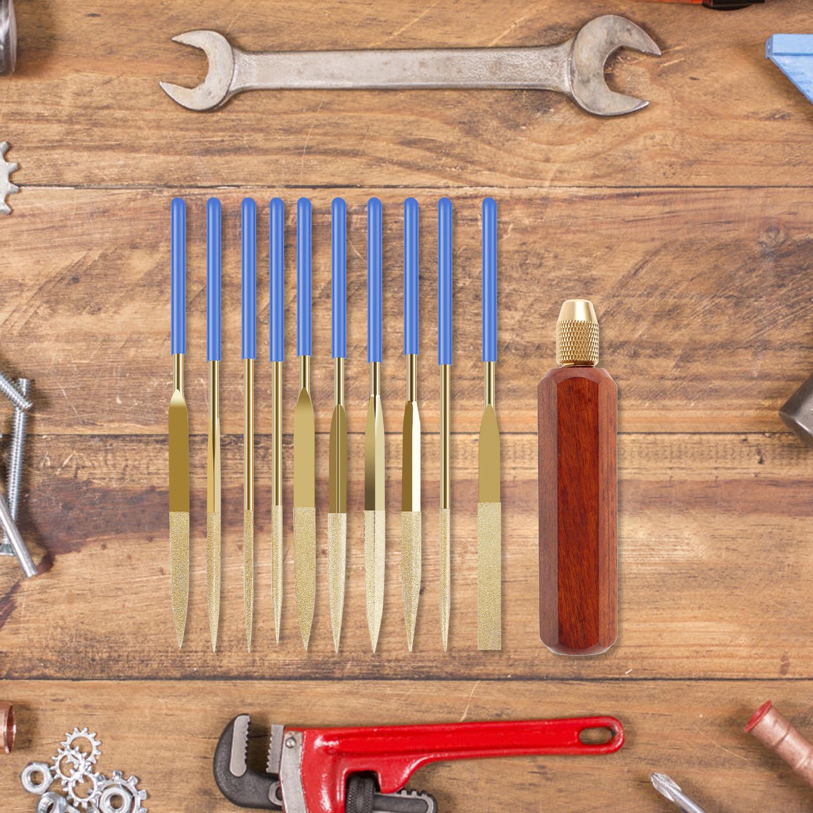 

11PCS Gold-colored Titanium-plated Diamond File Set with Rosewood Wooden Handles Manual Grinding Tool for Wood Metal Plastics