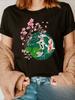 Japanese Cherry Blossom & Koi Fish T Shirt Women Short Sleeve Casual Top Breathable Tee Soft F
