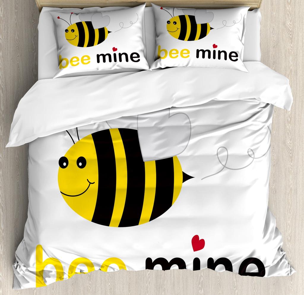 Be Quen Sized Dimensions Soft Duvet Cover Set, Bumble Bes Producing Honey By Filing Honeycombs Cels Themed Graphic Image Print, Soft Warm