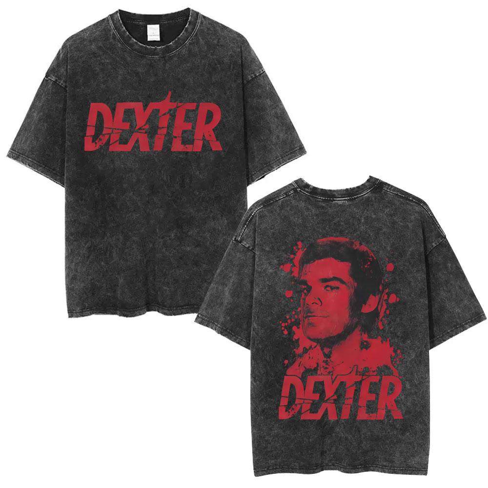 Washed Vintage TV Play Dexter Morgan Face Graphic Tshirt Men Women Casual Cotton Oversized T Shirt Male Classic Gothic Tshirts