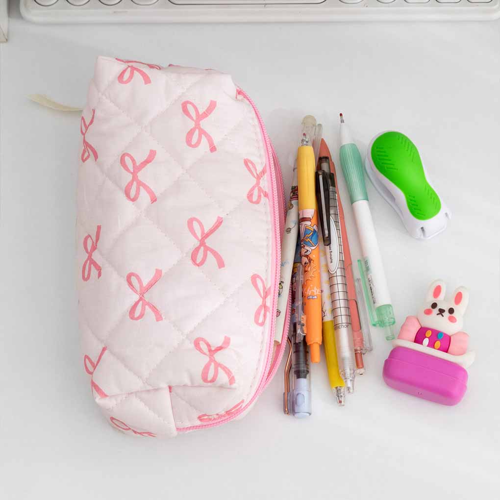 Lightweight Pencil Case Stationery Case Cosmetic Storage Bag Large Capacity Stationery Bag Pink Bow for Women (2078CM)