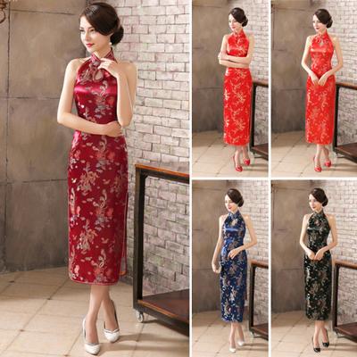Summer Cheongsam Stand Collar Printing Off Shoulder Backless Split Hem Hollow Out Sleeveless Qipao Slim Fit Retro Chinese Style Banquet Dress