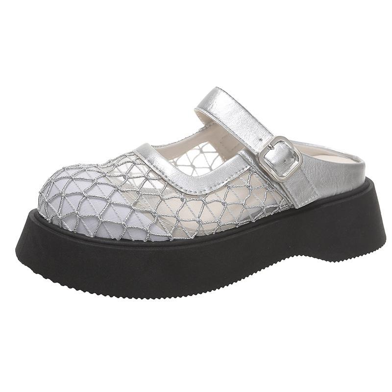2025 New Mesh Hollow Big Head Metal Buckle Thick Bottom Muffin Heightening Small Bag Head Half Slippers Women's Shoe Holder