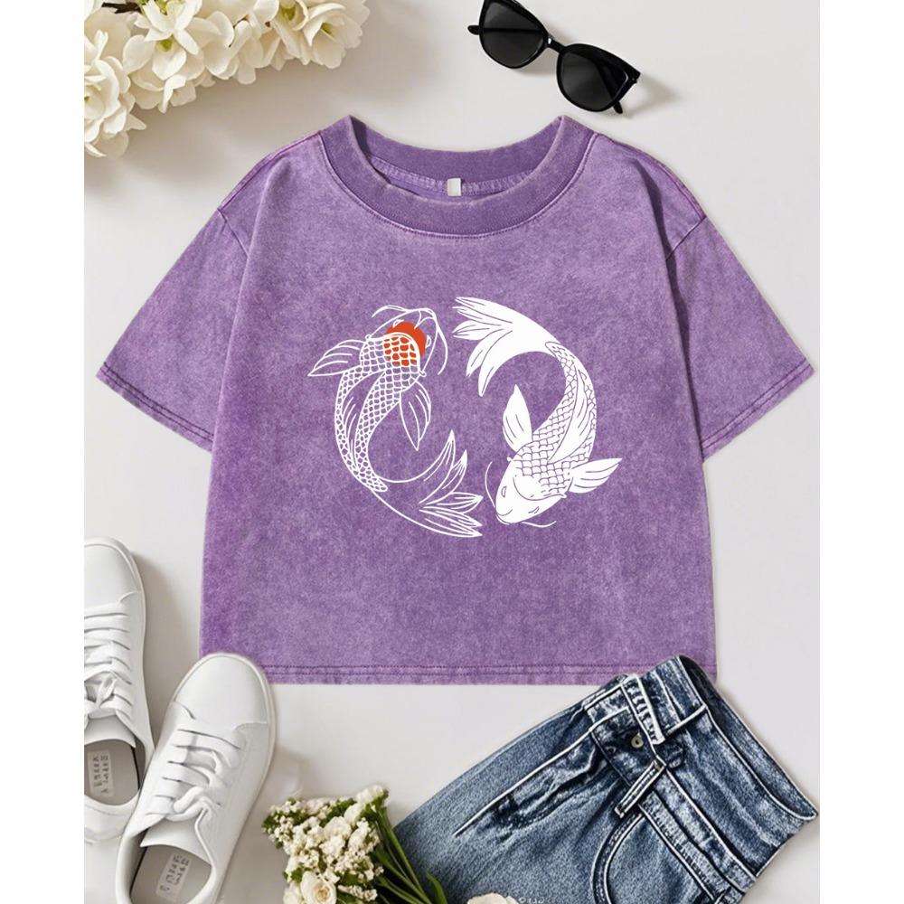 

Японский Кои Харадзюку Иллюстрация Принт Женская Выстиранная Укороченная Футболка Хлопок Хип-Хоп Топ Футболки Круглый Вырез Слим Уличная Одежда M