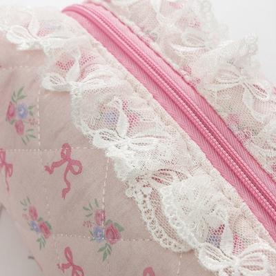 Portable Ruffled Edge Quilted Makeup Bag Floral Print Large Capacity Travel Wash Bag Bowknot Cosmetic Storage Bag