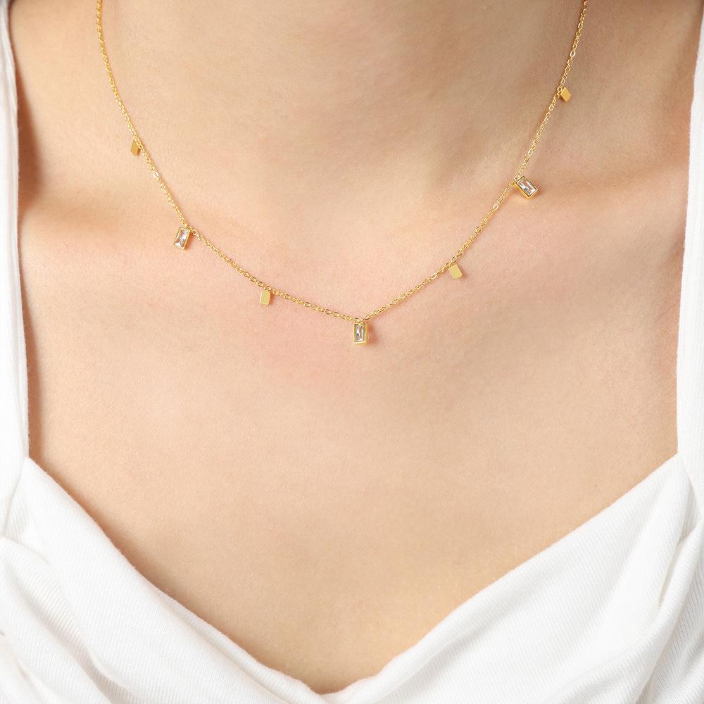 Elegant Zircon Inlaid Titanium Necklace: French Fashionable Square Pendant