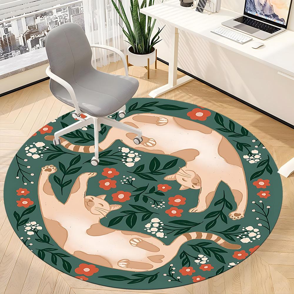 1pc Floral Cats Office Round Area Rug, Mat Suitable For Office, Under Office Chairs Bedroom Living Room Home Decor, Room Deco