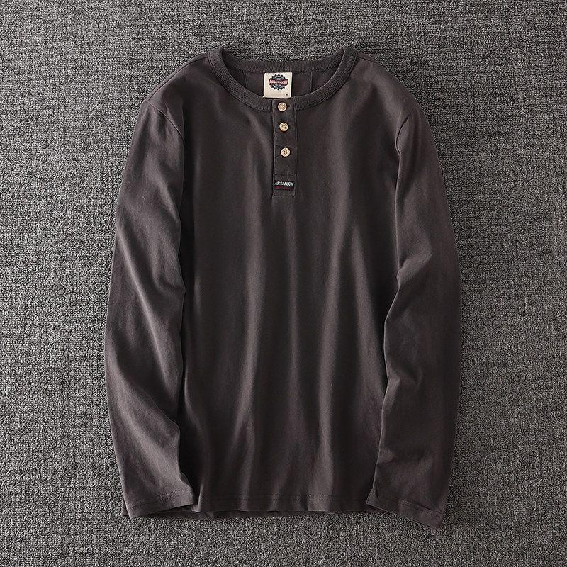 Big Brand Goods ~ Export Label Cutting Factory Direct Sales Fall Winter Men Long-T-Shirt Pure Cotton OEM Goods Tail Goods Bottoming Shirt Fashion Iron Gray M