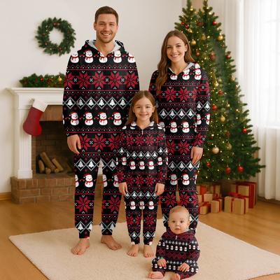 Christmas Print Family Matching Hooded Long Sleeved Zippered Jumpsuit Set