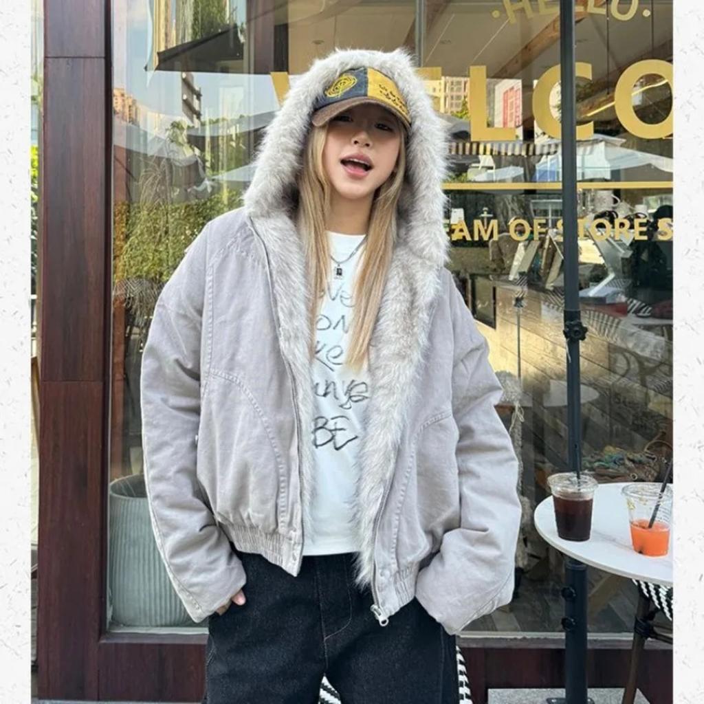 2KWEIRD American Retro Fur Collar Hooded Jacket Women Y2K Streetwear Winter New Velvet Thickened Warm Harajuku Loose Casual Jacket