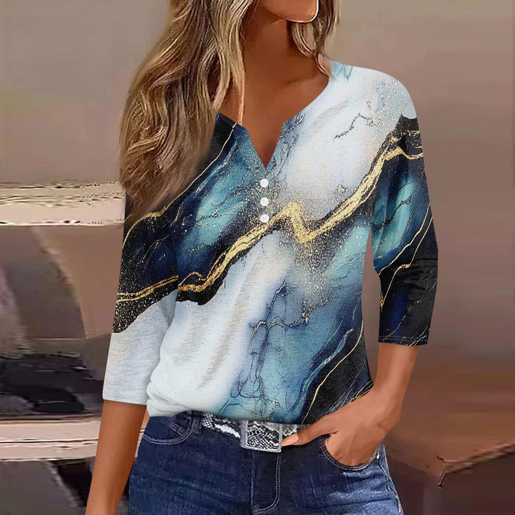 Damen T-Shirt mit Aufdruck, Knopfleiste, 3/4-Ärmel, modisch für den Alltag und das Wochenende, Basic, V-Ausschnitt, normales Oberteil