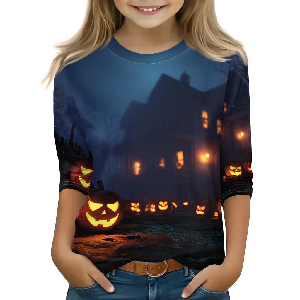 Print Tops For Youth Girls 5-16 Years Round Neck 3/4 Sleeves T-Shirts Trendy Tops Outfit Tees