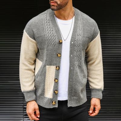 Fall Winter Men Sweater Coat with Pockets Single-breasted V Neck Colorblock Buttons Knitted Long Sleeves Elastic Knitwear Thick Jacket