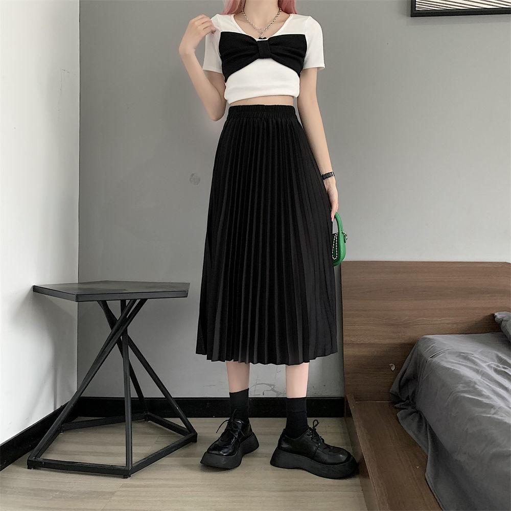 Luxury Long Pleated Skirts for Women Spring New Elegant Office Ladies Chic Elastic Band Fashion A Line Midi Skirt