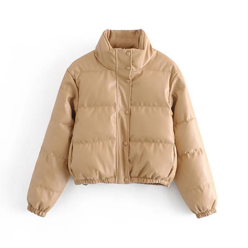Womens Winter PU Faux Leather Padded Jacket Slim Fit Solid Color Casual Coat With Stand Collar