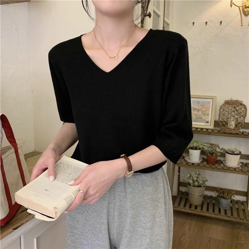 2025 Summer V-Neck Knit Short Sleeve Women's Slimming Top