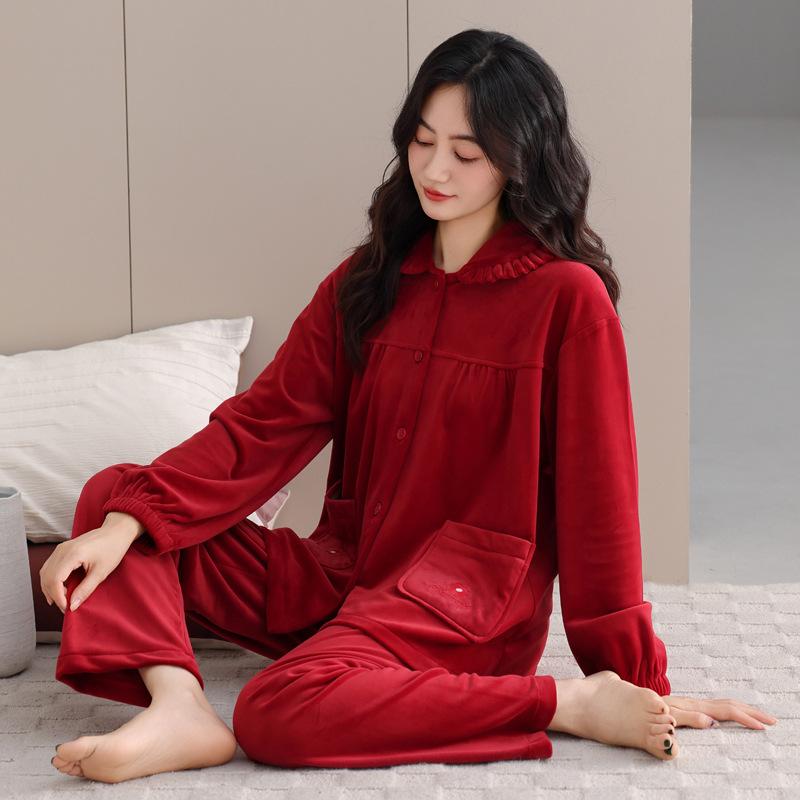 Island Fleece Pajamas Women'S Autumn And Winter Coral Fleece Red Natal Year Middle-Aged Mother Large Size Warm Thin Fleece Loungewear