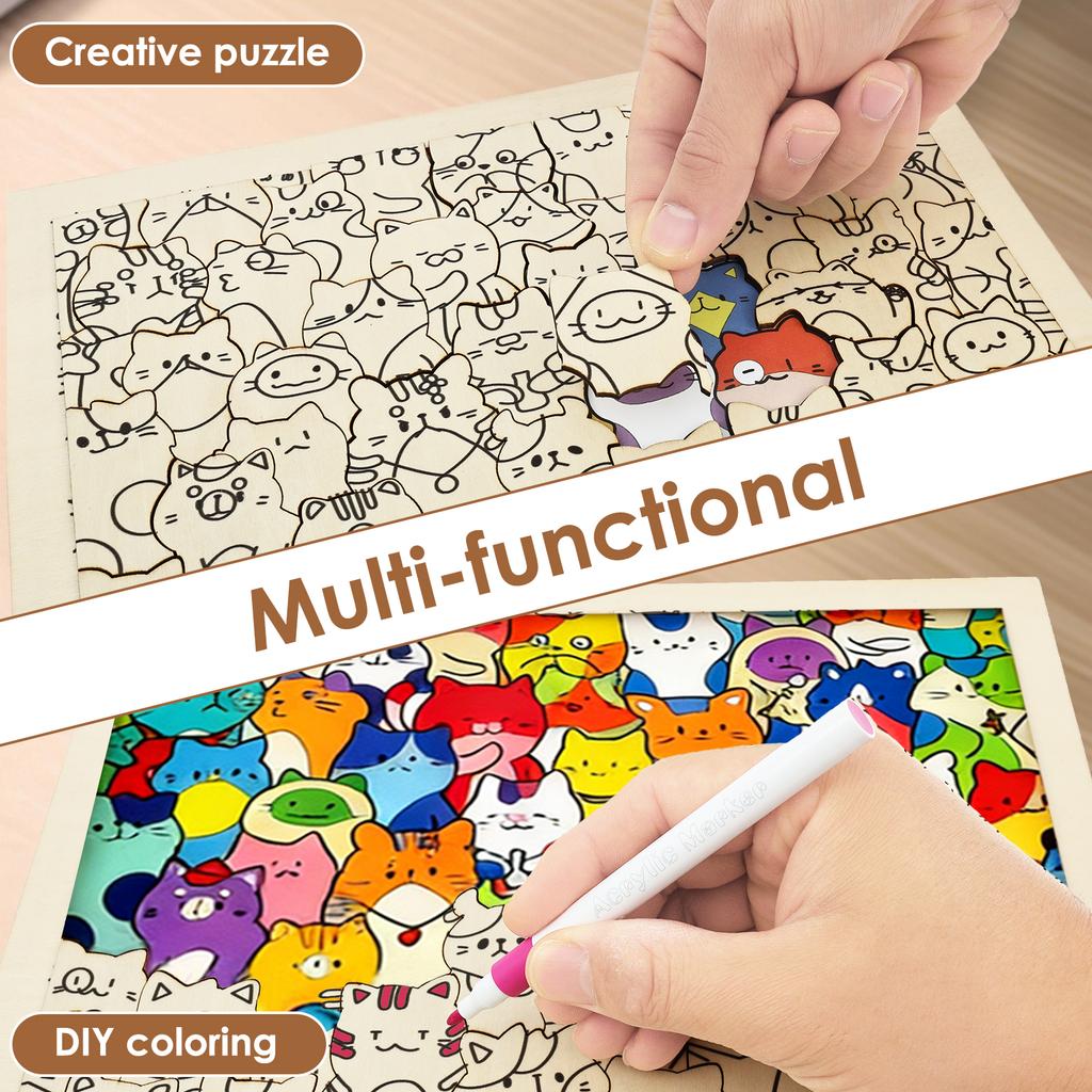 DIY Wooden Cat Puzzle Frame Hand-Painted Cat Coloring Puzzle Art Frame Creative Craft Gift Kid Educational Toys Home Decoration