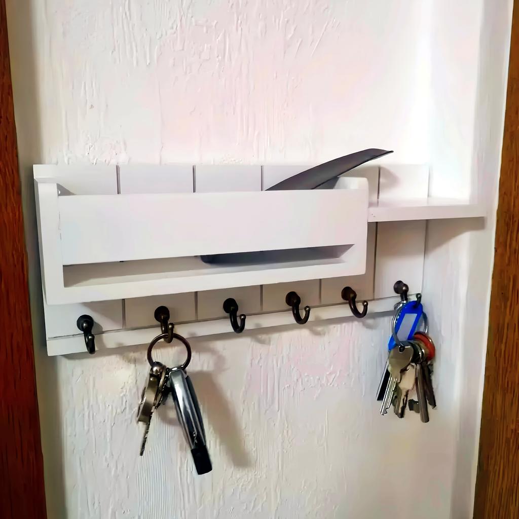 Wall Mounted Wooden Key Holder 1pc Shelf Hooks Home Organization Farmhouse Decor