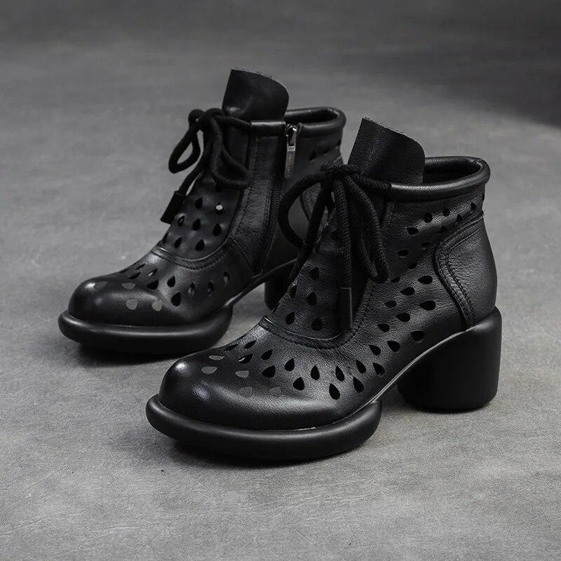 Johnature Retro Breathable Hollow-out Boots Sandals Genuine Leather Fashion High Heels Women's Shoes